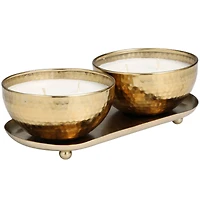 White Wax Egyptian Mint Scented Candle Set with Gold Hammered Containers and Oval Holding Tray