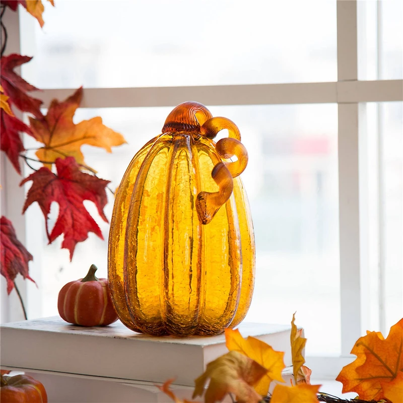 Glitzhome® Tall Crackle Glass Pumpkin, Amber