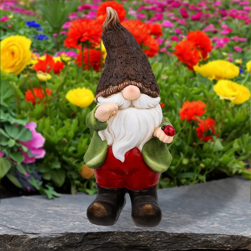 15.75" Green & Red Gnome with Ladybug Outdoor Garden Statue