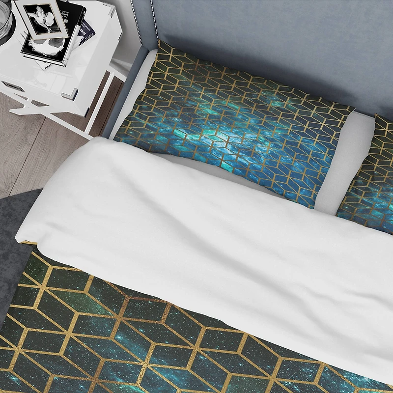 Designart 'Yellow Cubes over Blue Cosmic Background' Modern & Contemporary Bedding Set