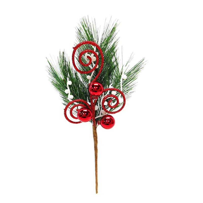 14" Green Pine, Red Glitter Swirl & Ball Ornament Pick by Ashland® 