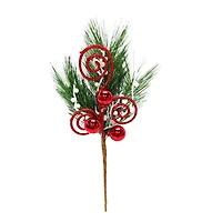 14" Green Pine, Red Glitter Swirl & Ball Ornament Pick by Ashland® 
