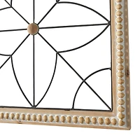 Brown Wood Carved Beading Geometric Wall Decor with Metal Wire Set of 4 16", 16"