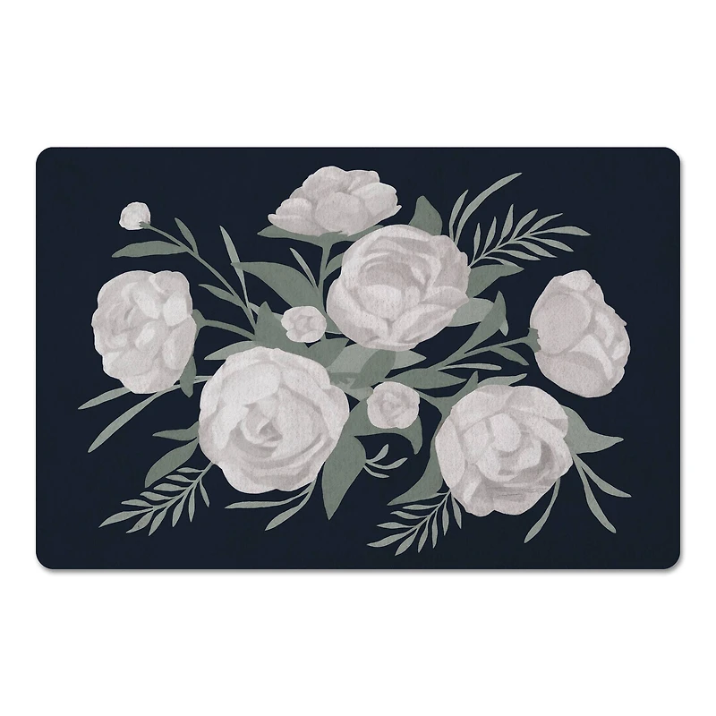 White Flowers On Navy 18" x 27" Floor Mat