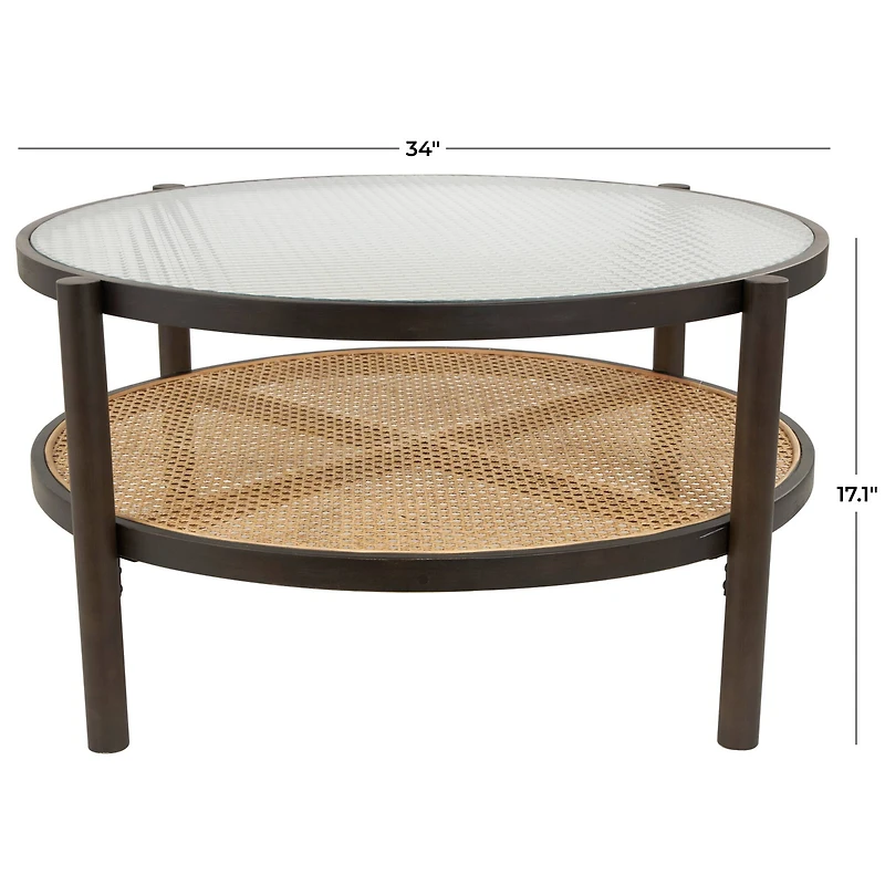 34" Brown Rattan Coffee Table with Pressed Tempered Glass Top