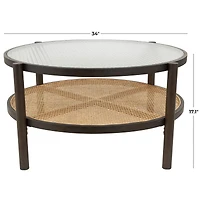 34" Brown Rattan Coffee Table with Pressed Tempered Glass Top