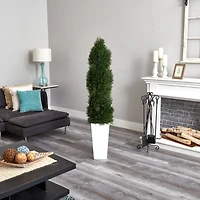 5.5ft. UV Resistant Double Pond Cypress Spiral Topiary Artificial Tree in White Tower Planter