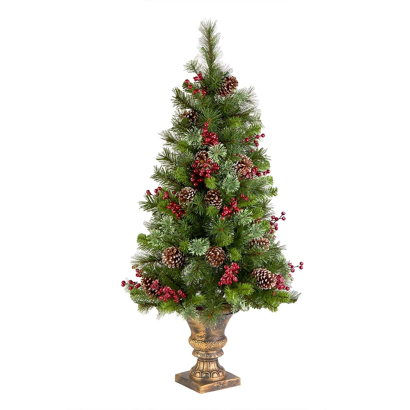 4ft. Pre-Lit Pine Iced Berry Pine Entrance Tree in Gold Urn, Clear Lights