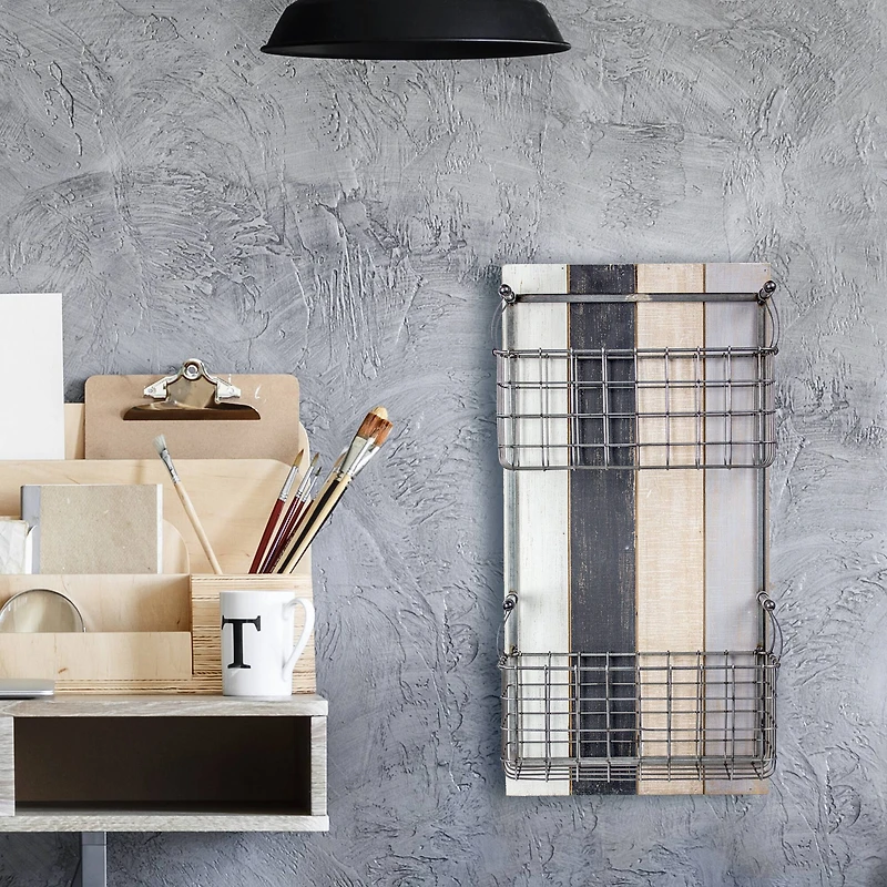 24" Two-Pocket Rustic Metal Wired Wall Basket & Wall Organizer