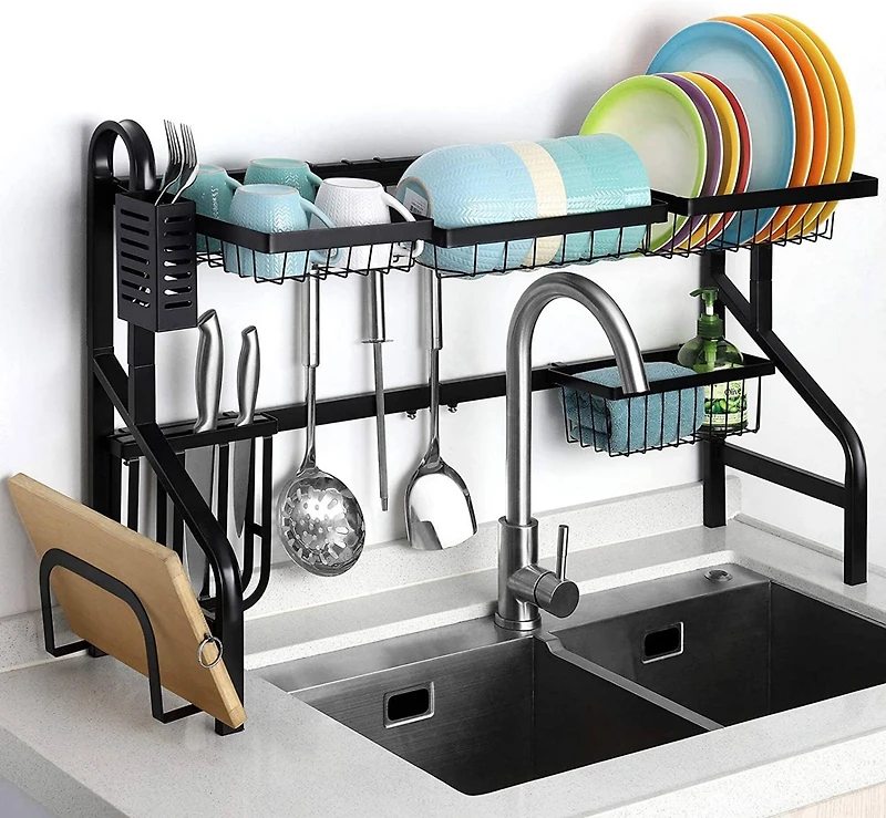 NEX™ Black 2-Tier Over the Sink Dish Rack with 5 Utility Hooks