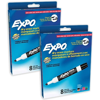EXPO® Low-Odor Dry Erase Markers, Chisel Tip, 8 Colors, 2 Packs of 16