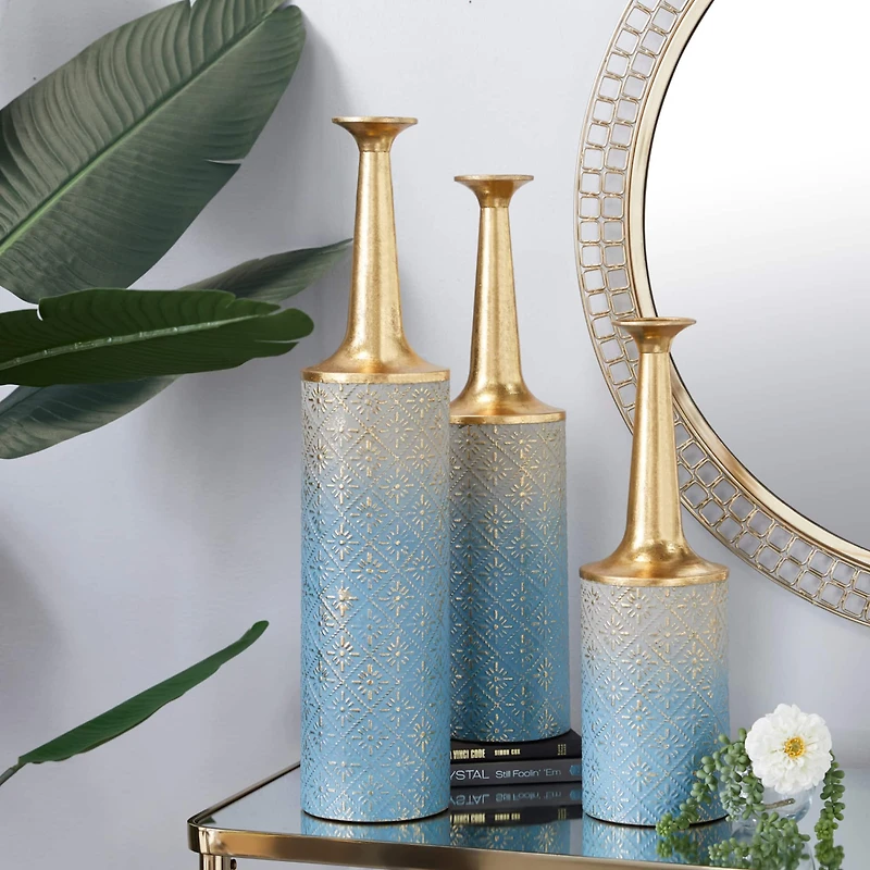 Set of 3 Blue Metal Coastal Style Vase, 27", 24", 20"