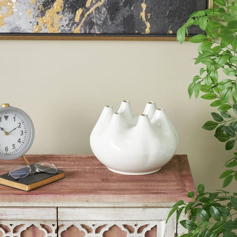 10" Wide White Multi Opening Ceramic Vase