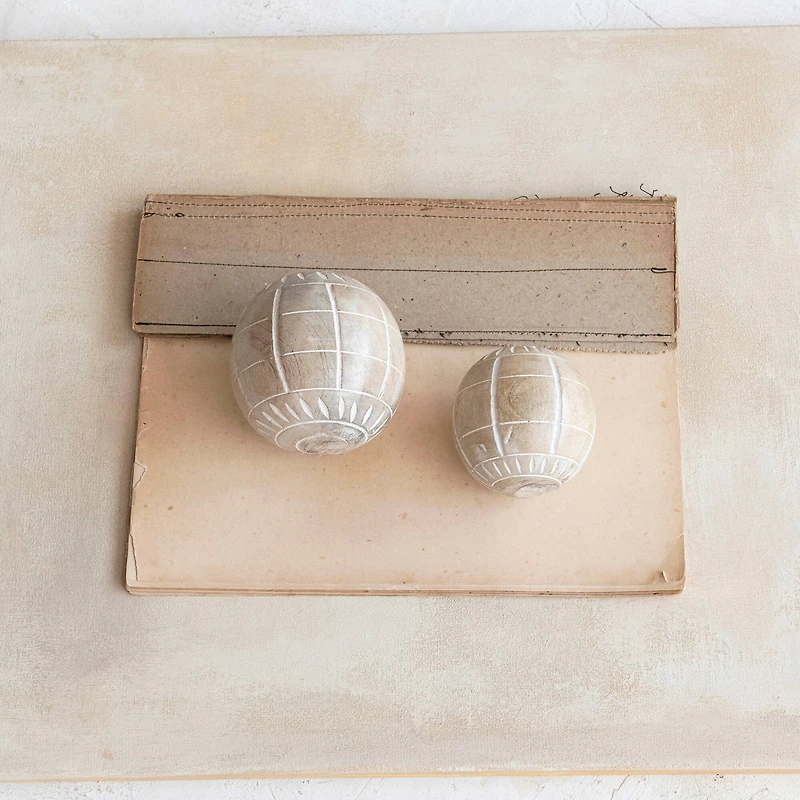 Hello Honey® 4" Beige Hand-Carved Mango Wood Ball Décor