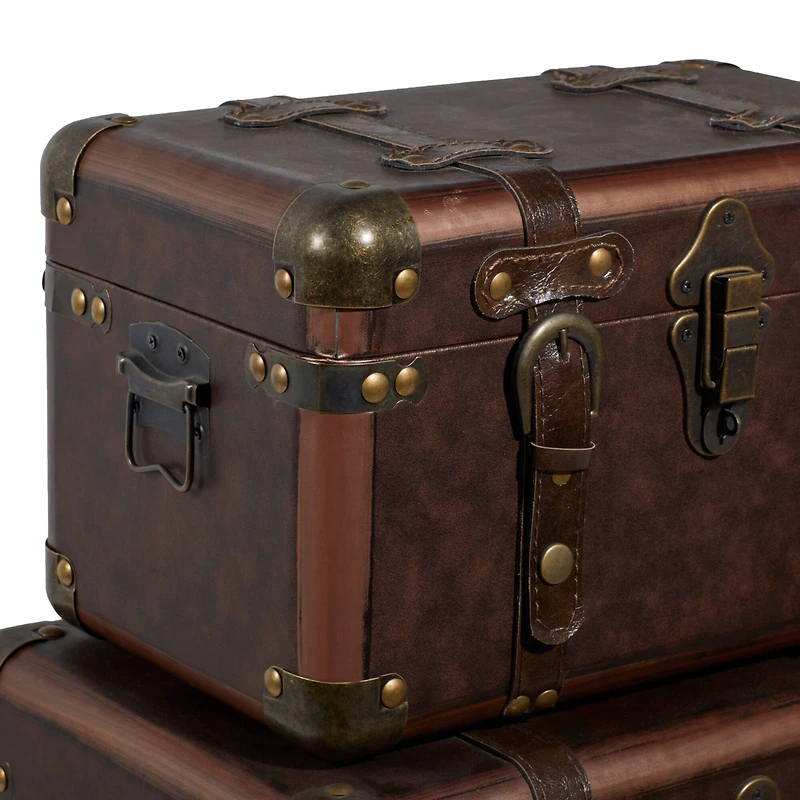 Set of 3" Brown Leather Traditional Trunk, 18", 16", 13"