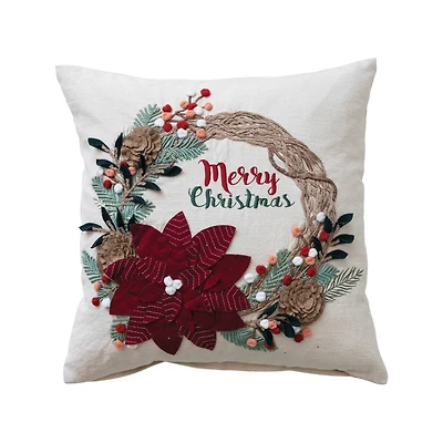 Hello Honey® 18" Merry Christmas Embroidered Applique Wreath Cotton Pillow
