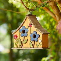 Glitzhome® 10.5" Yellow Distressed Wood Birdhouse with Flowers