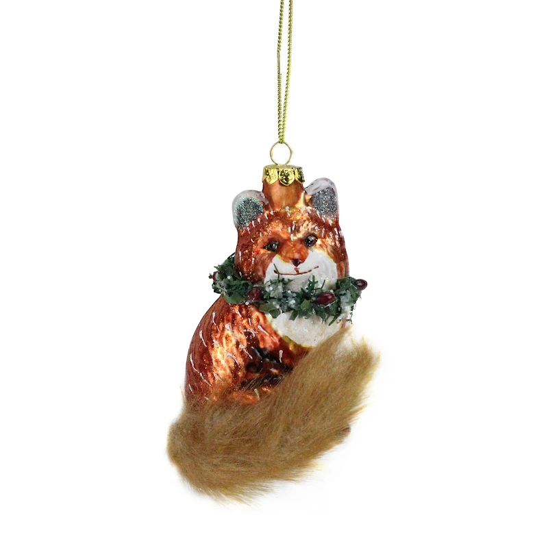 Brown & Green Fox with Faux Fur Tail & Wreath Ornament