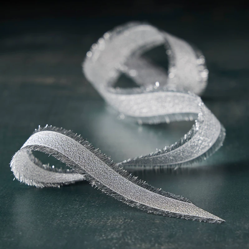 7/8" x 5yd. Silver Metallic Fringe Ribbon by Celebrate It® Classic