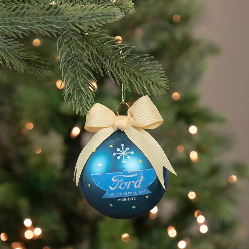 3" Matte Blue Ford The Universal Car with Beige Ribbon Glass Ball Ornament