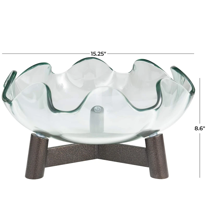 9" Clear Glass Floral Inspired Serving Bowl with Bronze Hammered Y-Shaped Stand