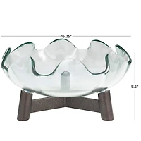 9" Clear Glass Floral Inspired Serving Bowl with Bronze Hammered Y-Shaped Stand