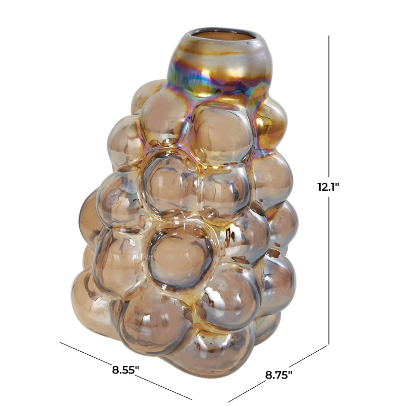 12" Iridescent Brown Abstract Handmade Bubble Glass Vase
