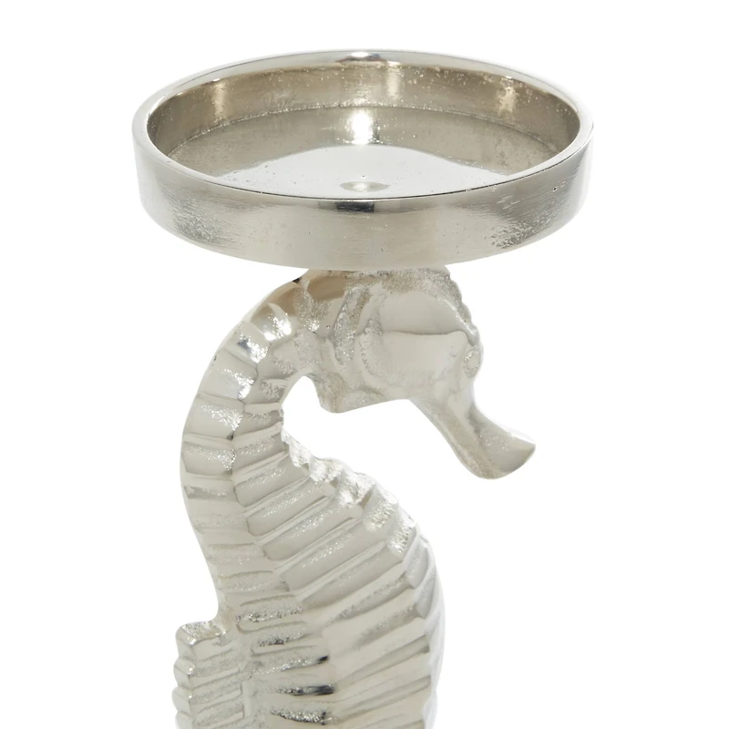 Silver Aluminum Coastal Seahorse Candle Holder Set
