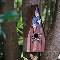 Glitzhome® Distressed Wood & Metal Patriotic Bird House with Stars