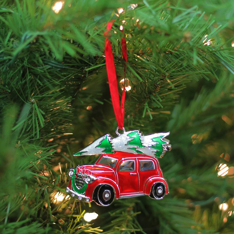 3" Red & White Car with Tree Christmas Ornament