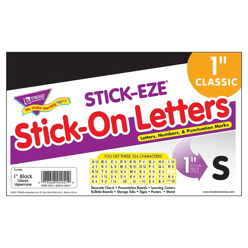 TREND Enterprises® Black 1" STICK-EZE® Stick-On Letters, 324 Pieces Per Pack, 6 Packs total of 1944