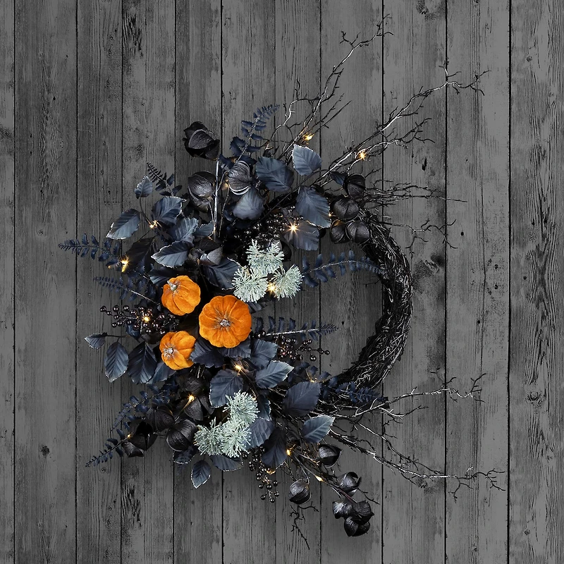 20" Halloween Pumpkin & Flower Pre-Lit LED Wreath