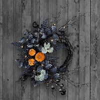 20" Halloween Pumpkin & Flower Pre-Lit LED Wreath