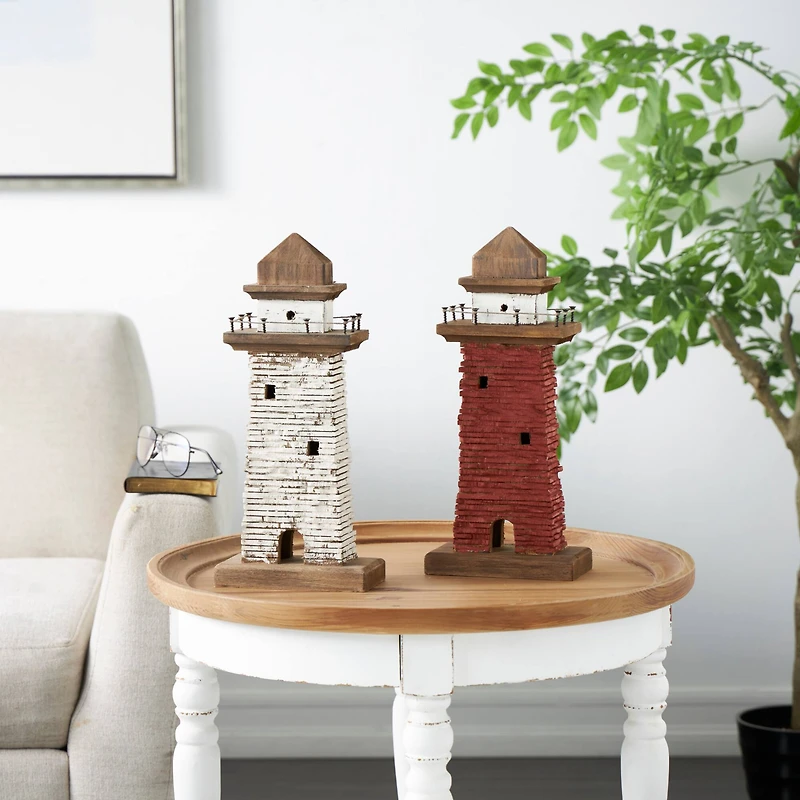 Red & White Wood Light House Sculpture Set