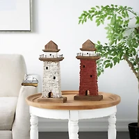 Red & White Wood Light House Sculpture Set