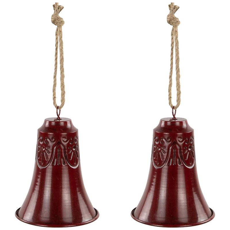 Embossed Christmas Bell Ornaments - 6" - Burgundy - Set of 2