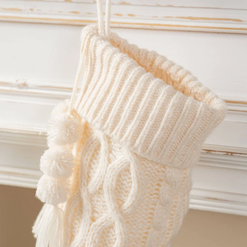 Glitzhome® 22"L White Knitted Christmas Stocking with Pom-Pom Tassel