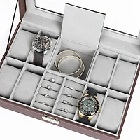 NEX™ 12" 8-Slot Brown Lockable Artificial Leather Watch Case Organizer