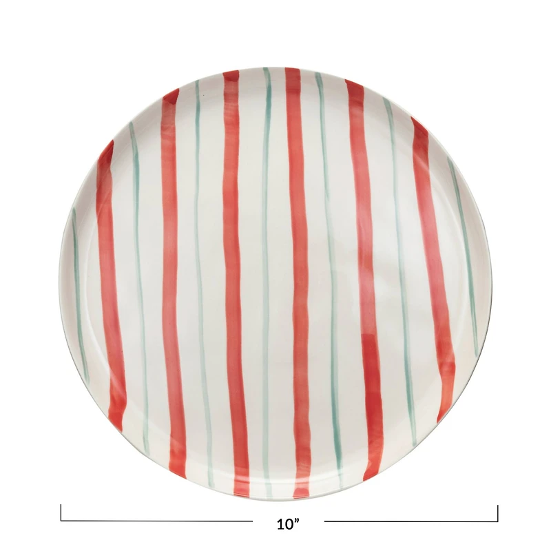 Hello Honey® 10.5" Red, Aqua & Cream Hand-Painted Stoneware Plate with Stripes