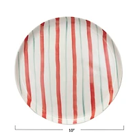 Hello Honey® 10.5" Red, Aqua & Cream Hand-Painted Stoneware Plate with Stripes