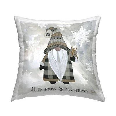 Stupell Industries Cozy Gnome Holding Gift Holiday Snowflakes Throw Pillow