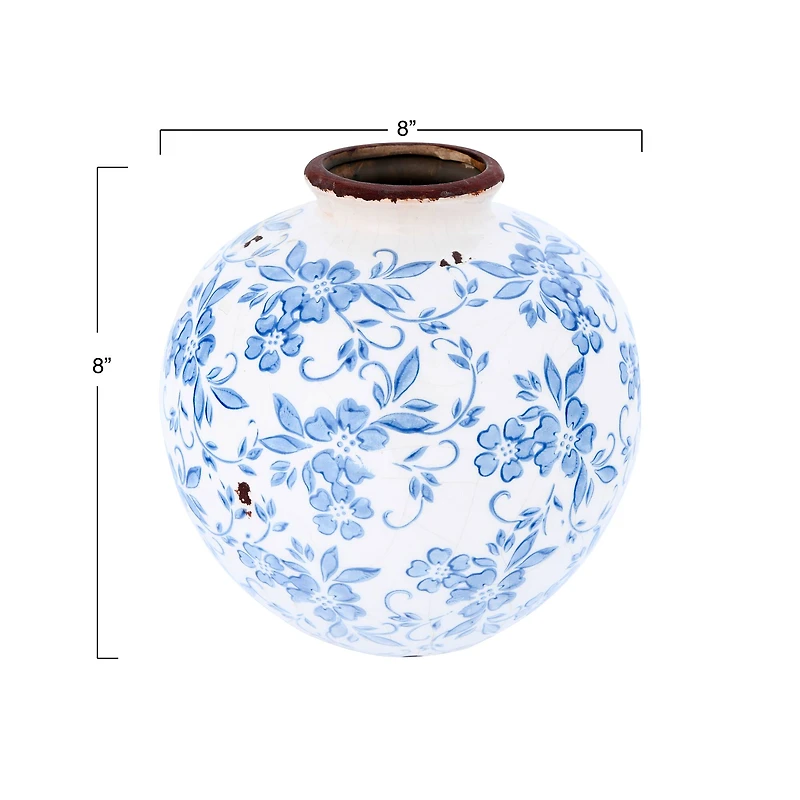 Hello Honey® 8" Blue & White Crackle Floral Terra Cotta Vase