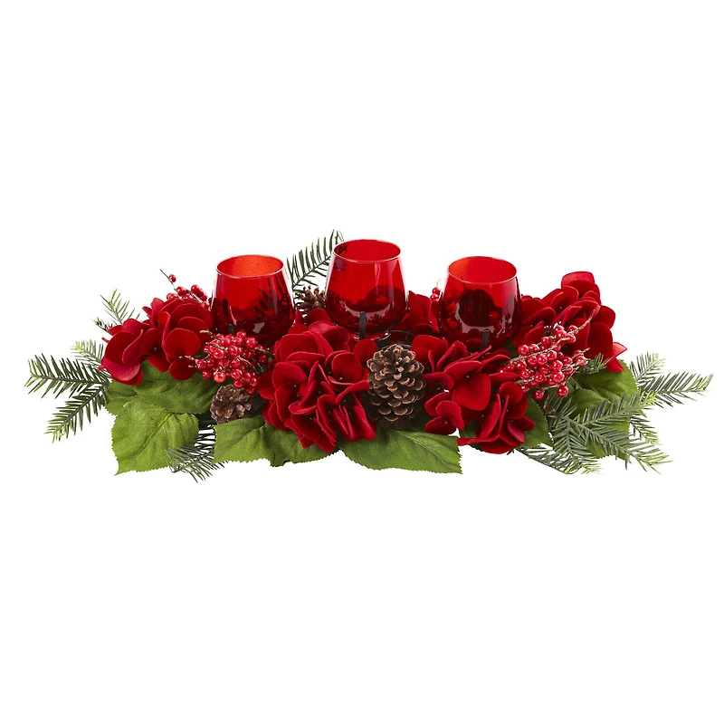 4" Triple Red Hydrangea Candelabrum Centerpiece