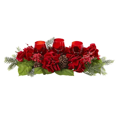 4" Triple Red Hydrangea Candelabrum Centerpiece