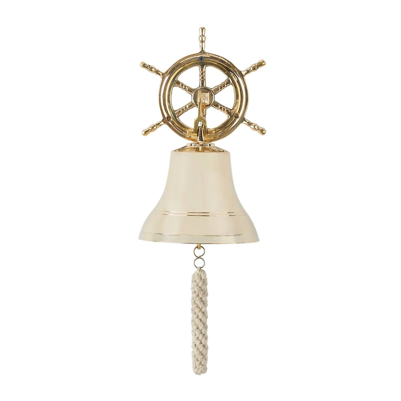 Gold Brass Bell Wall Decor with Ship wheel Backing 7" x 9" x 6"