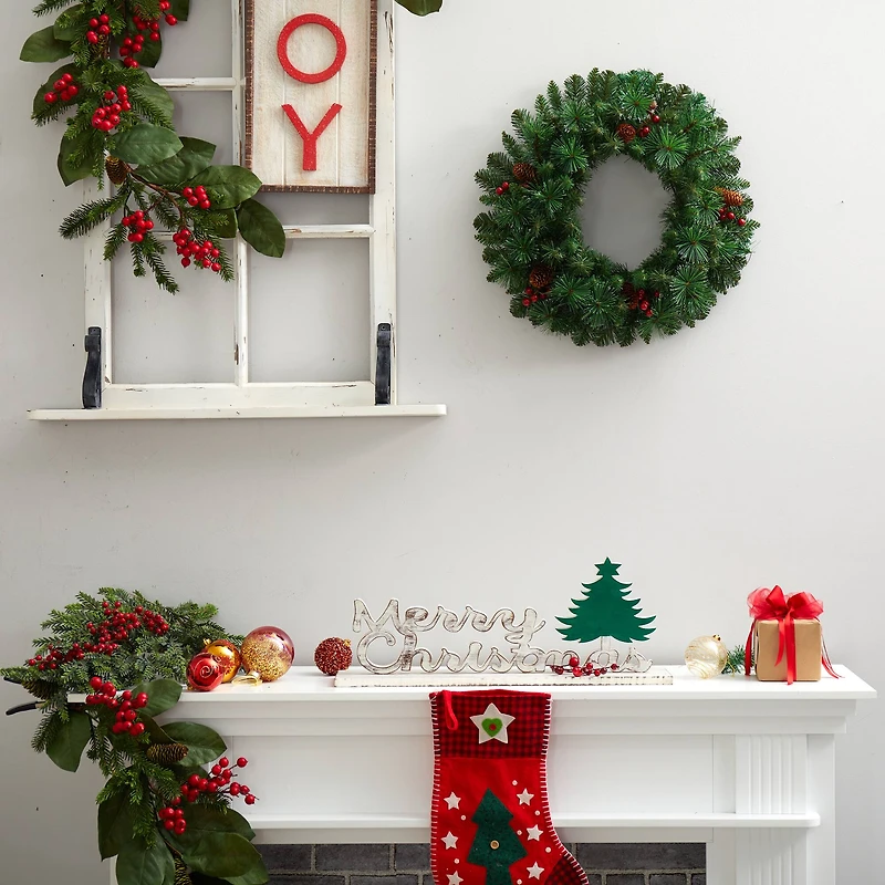 20" White LED Lights Frosted Pine Artificial Christmas Wreath With Pinecones & Berries