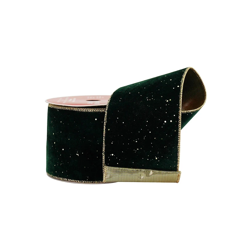 3.5" x 25ft. Green & Gold Wired Velvet Ribbon by Celebrate It®