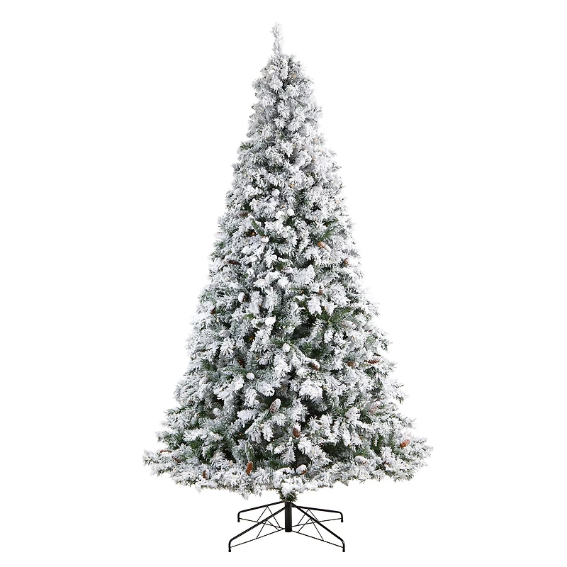9ft. Pre-Lit Flocked White River Mountain Pine Artificial Christmas Tree, Clear LED Lights