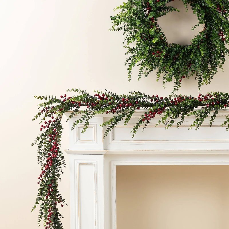 Glitzhome® 9ft Christmas Greenery Eucalyptus Garland with Red Berries