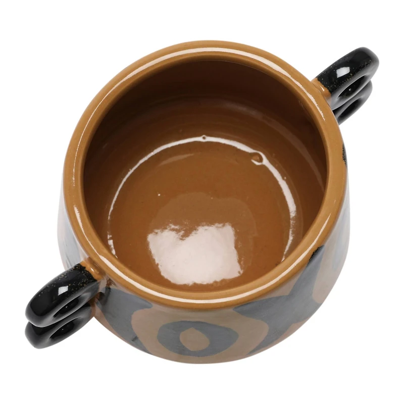 8" Brown and Black Hand Painted Stoneware Planter with Handles